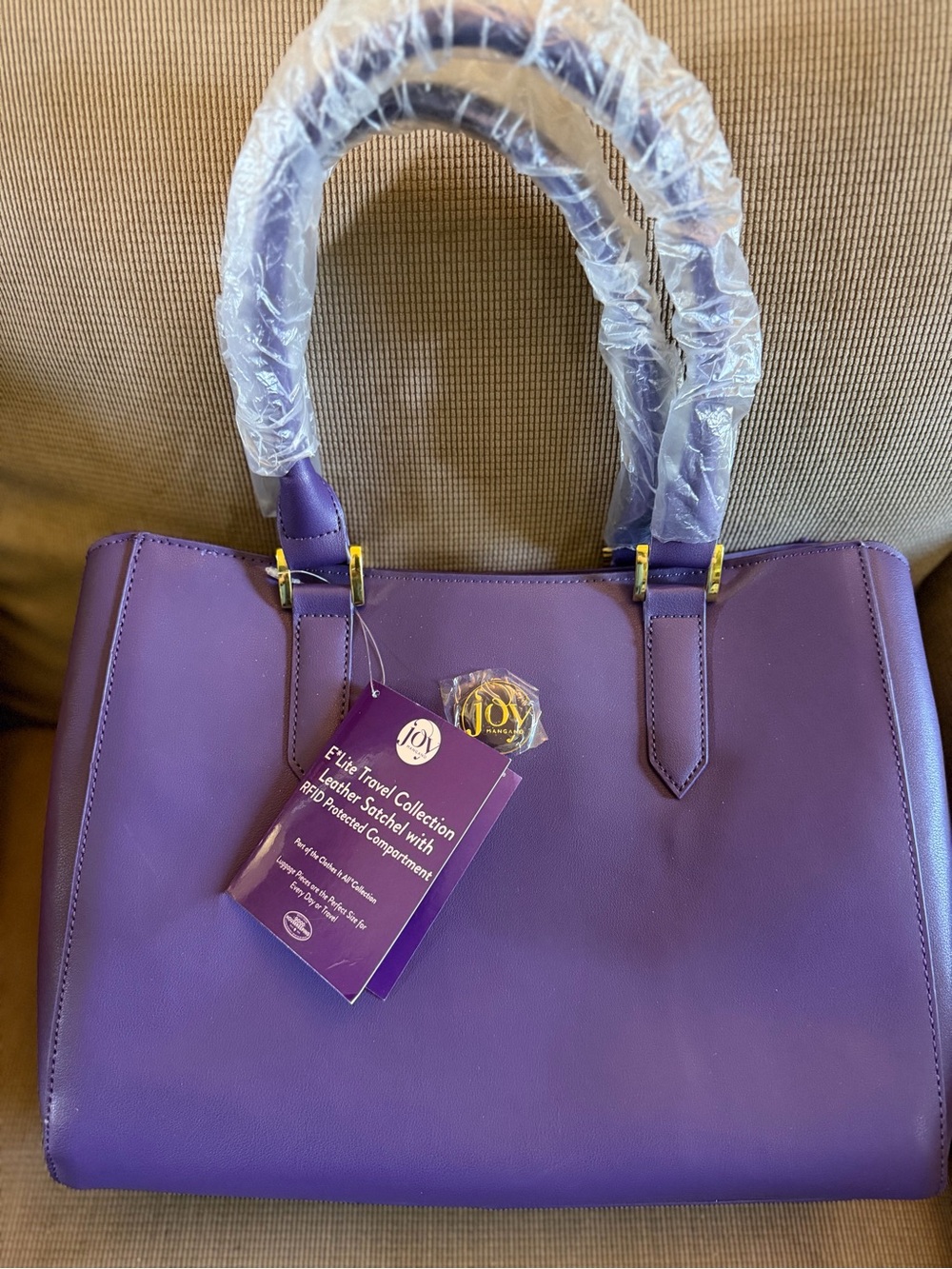 Joy Mangano Purple Leather Tote with Gold Accents